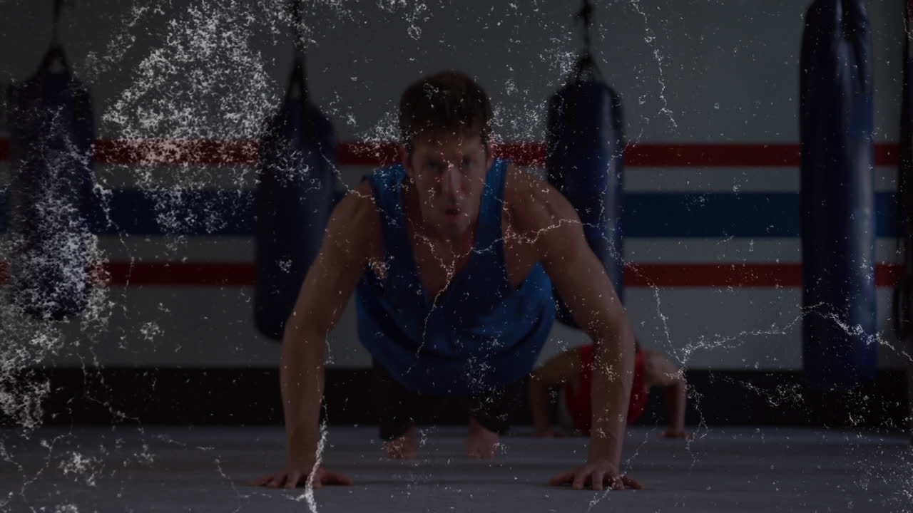 Doing push-ups, man in blue tank top with animation overlay in gym