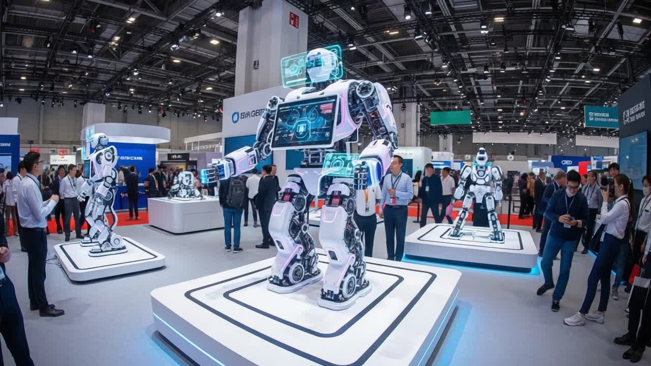 Showcasing Cutting-Edge Robotics Technology at a Futuristic Exhibition, Featuring Interactive Robots Listening to Visitors' Queries and Engaging with Attendees