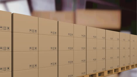 animation of cardboard boxes moving on conveyor belt over warehouse