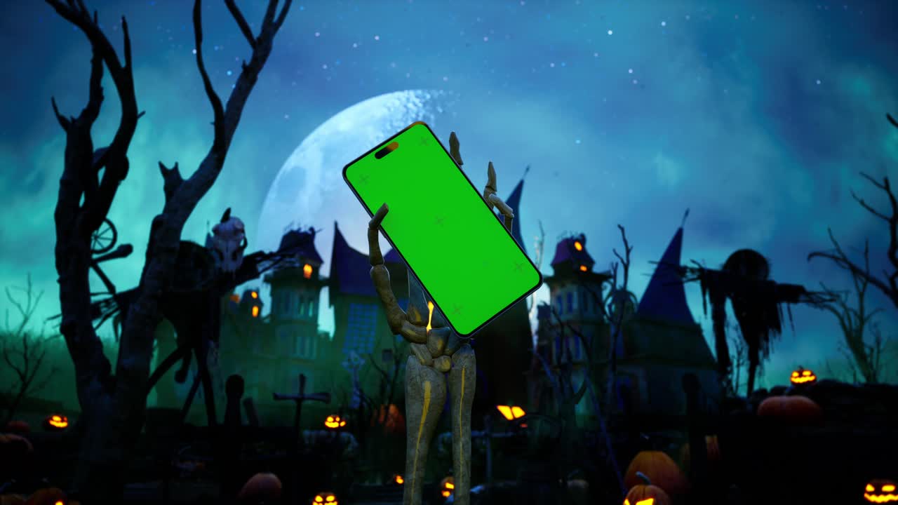 Skeleton Hand Rising Up Smartphone With Green Screen, Halloween Haunted House With Bats, And Pumpkins Under Scary Moon Cinematic Video Animation Background