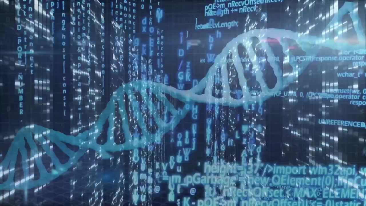 Cyan teal DNA helix undulating and drifting as code streams appearing, showing genome data in vault