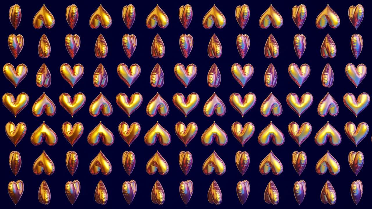 파란색 배경 위에 회전하는 황금색 심장 모양의 풍선. 3d 렌더링