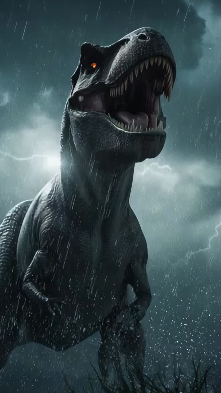 Vertical video: Flickering lightning driving T rex striding over stormy plain, with grass tufts