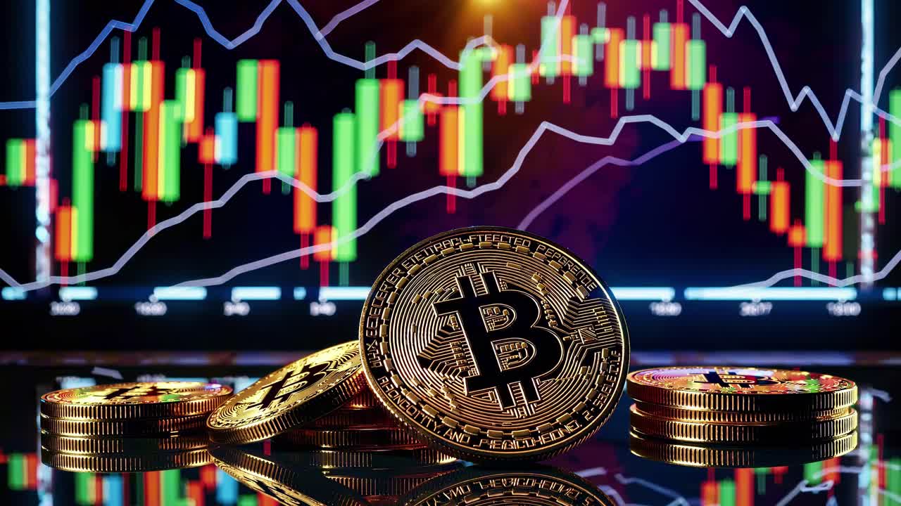 Low-angle shot of Bitcoin coins with a digital stock chart in the background, capturing a futuristic