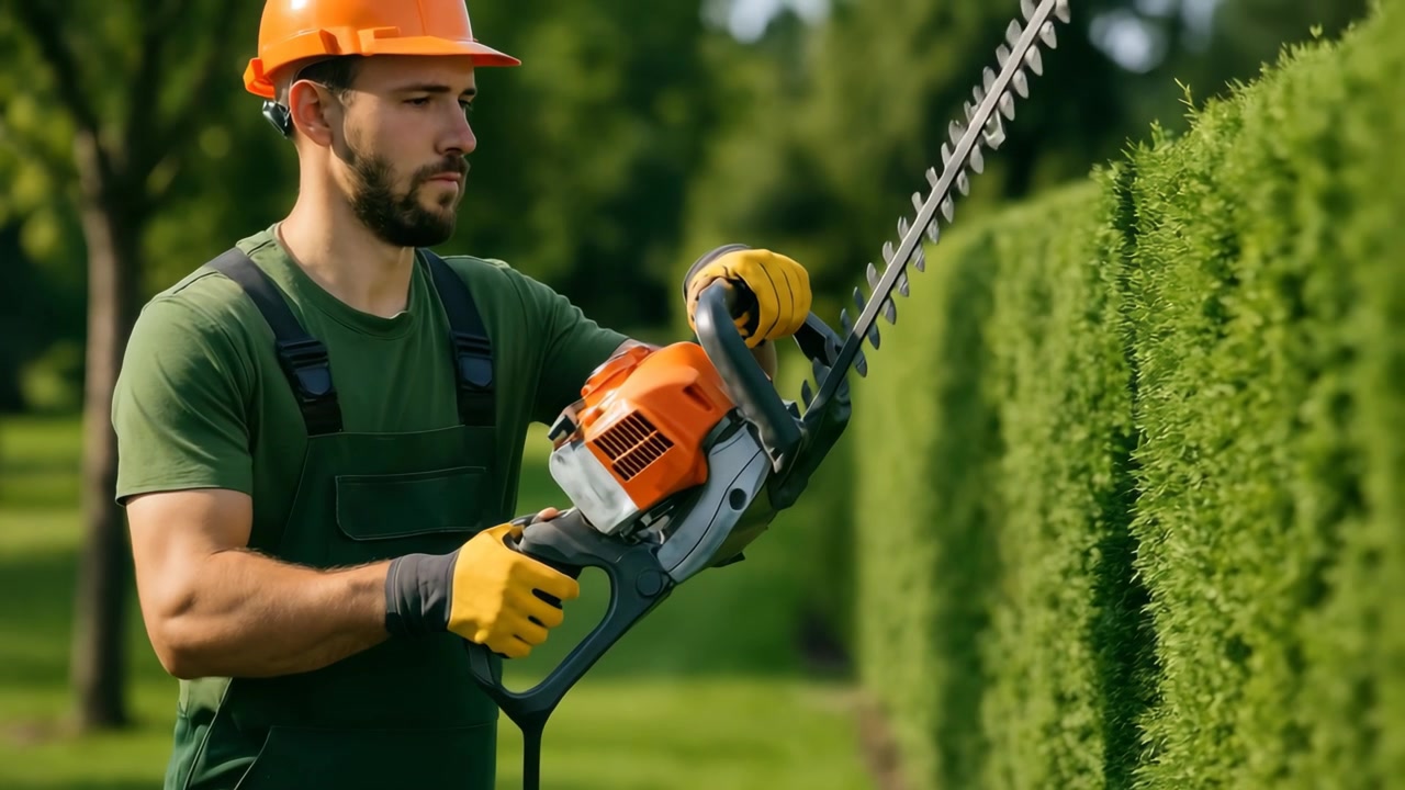 Professional Gardener Holding a Hedge Trimmer in a Green Garden