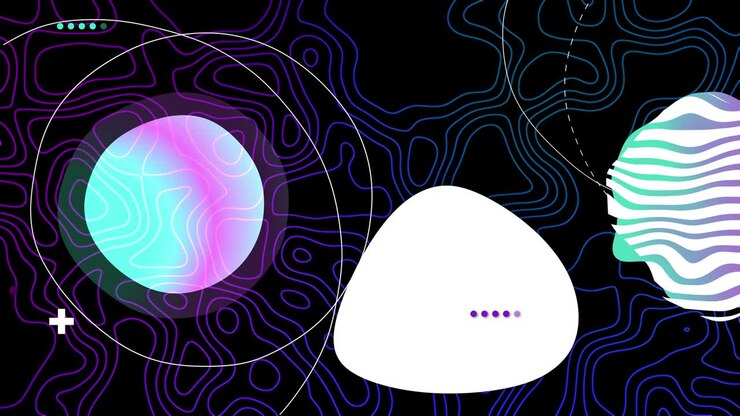 Fundo de motion graphics moderno com formas líquidas, linhas e textura tipográfica. Gradientes coloridos de rosa e azul no fundo preto. Vídeo em loop UHD 4K.
