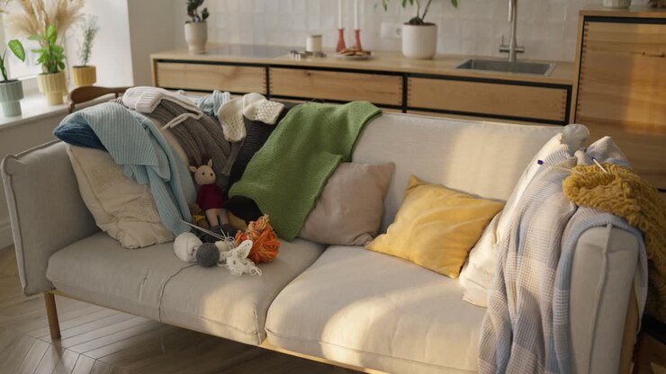 Scena accogliente del soggiorno con oggetti a maglia