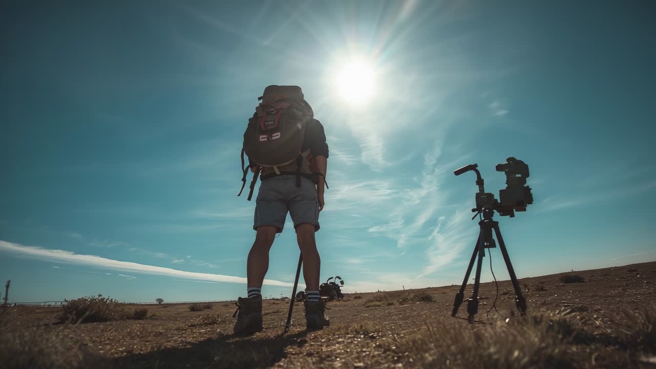 Adjusting hiker shifting on dry plain under sun glare, in boots beside tripod and backpack