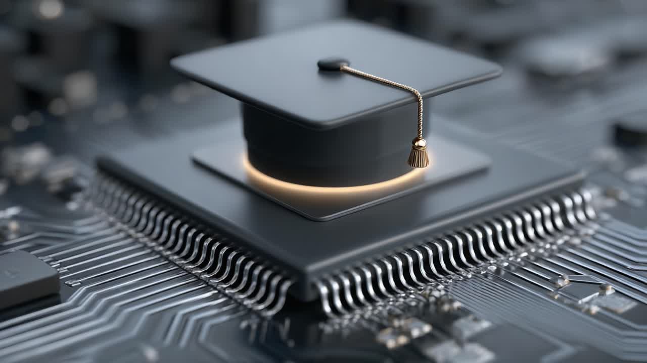 A Fusion of Education and Technology: An Artistic Representation of a Graduation Cap Resting on a Computer Chip With an Illuminated Border, Symbolizing Knowledge and Innovation