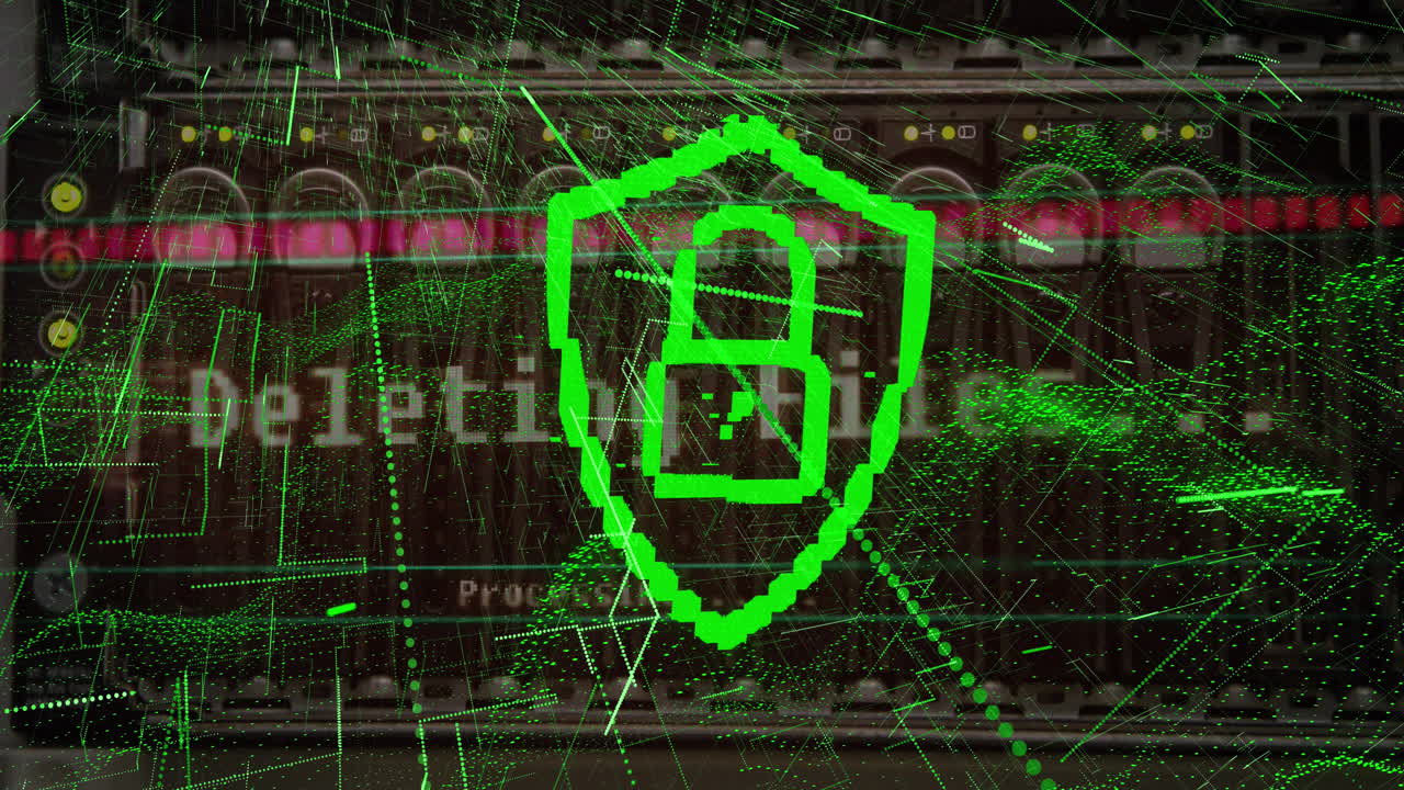 animación del icono del candado de seguridad y las ondas digitales verdes contra el primer plano de un servidor de computadora