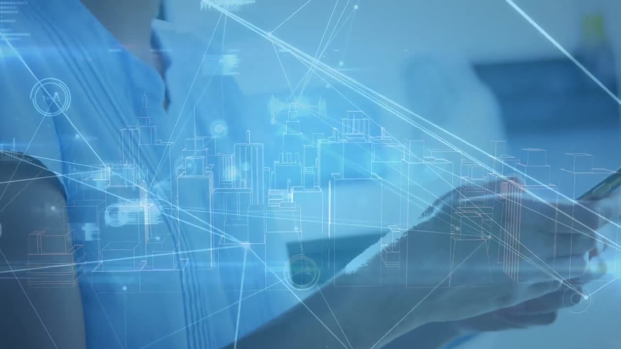 스마트폰을 가진 백인 여성에 대한 연결 네트워크의 애니메이션