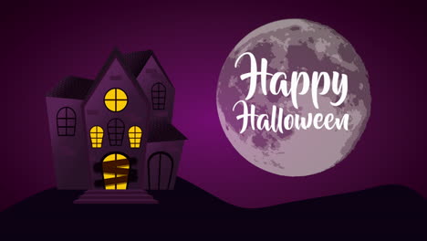 feliz tarjeta de halloween con una gran luna y el castillo del terror, animación