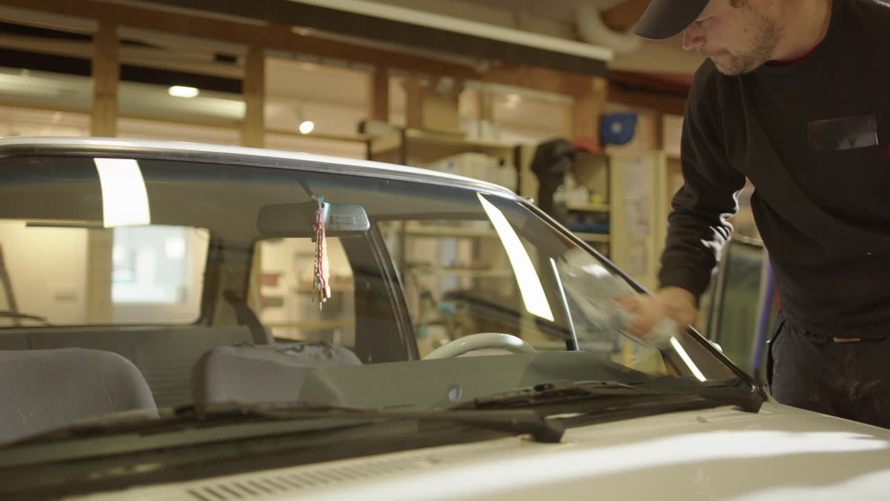 técnico de vidrio automotriz limpia el parabrisas del coche recién reemplazado después de la instalación