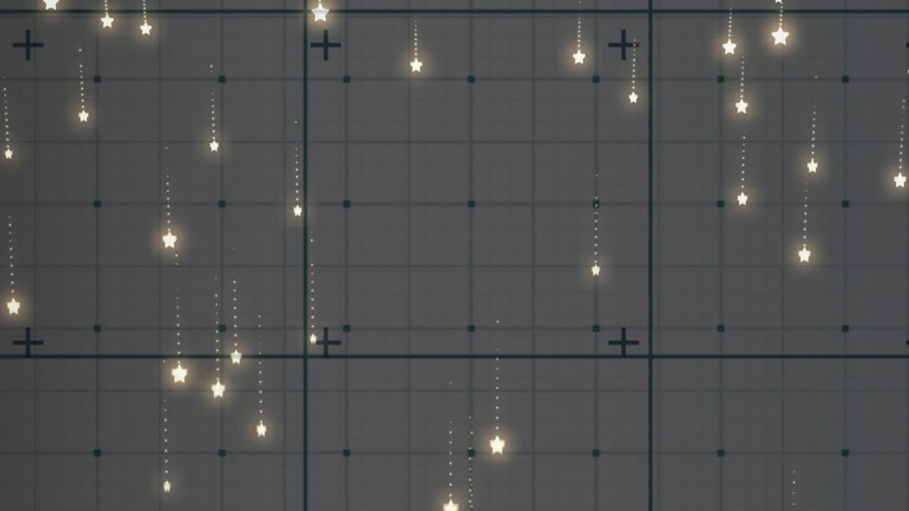 Glowing star shapes fading in random grid columns and drifting down dotted trails for visual effect