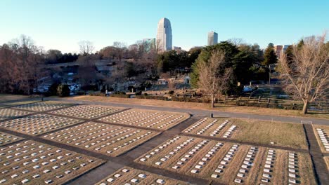 winston-salem-skyline-from-old-salem,-god's-acre-aerial