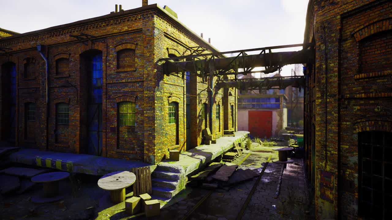 Abandoned industrial area with overgrown vegetation and broken structures