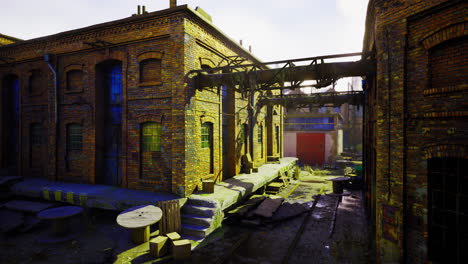 abandoned industrial area with overgrown vegetation and broken structures