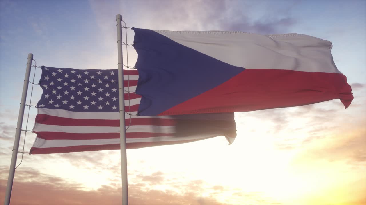 Czech Republic and United States flag on flagpole. Czech and USA waving flag in wind. Czech and United States diplomatic concept