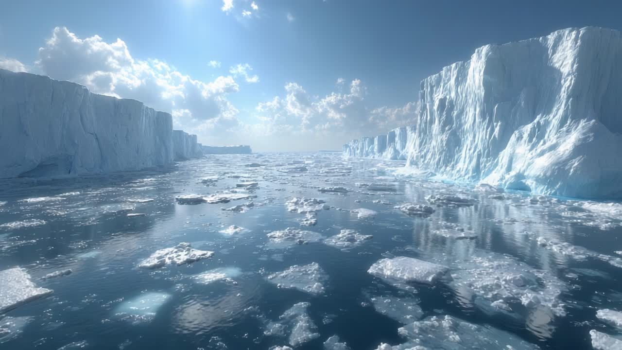 Stunning Glacial Landscape: A Serene View of Icebergs and Reflections in the Crystal-Clear Waters Under a Bright Sky