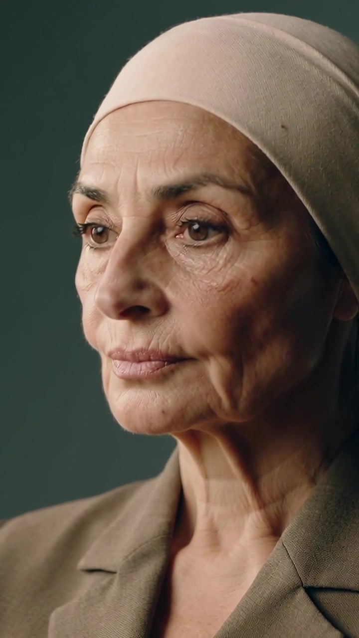 Video verticale: Ripresa di una donna anziana con foulard beige in testa che sposta lo sguardo e riflette in uno studio.