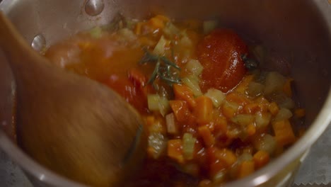 Mezcla-De-Verduras-Hirviendo-Ztirring-De-Tomates,-Zanahorias,-Apio-Y-Hierbas-Dentro-De-La-Olla-Con-Una-Cuchara-De-Madera