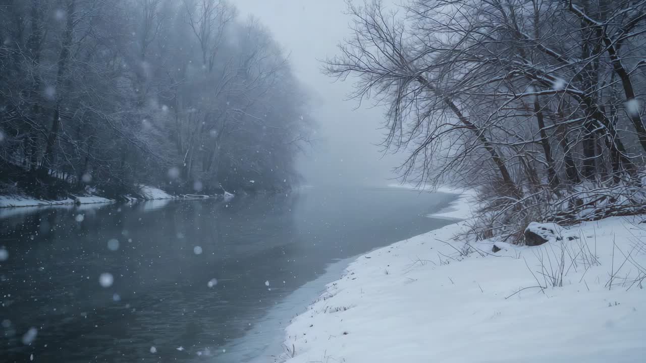 Flowing river meeting cold air, creating fog at winter riverside, revealing snow shore, ice edge