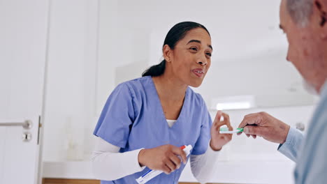 Old-man,-brushing-teeth-or-caregiver-helping