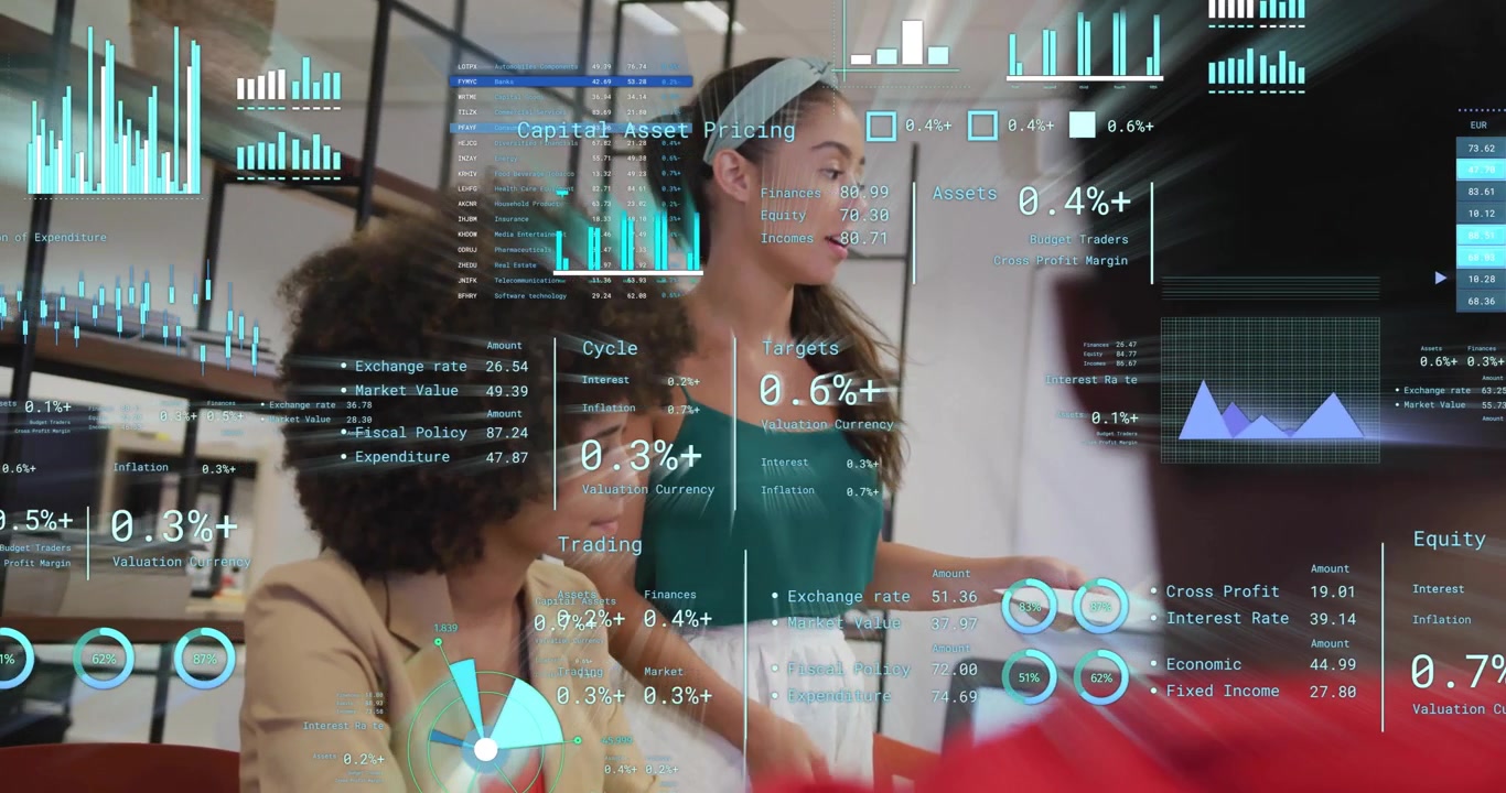 Animation of financial data processing over diverse business people in office