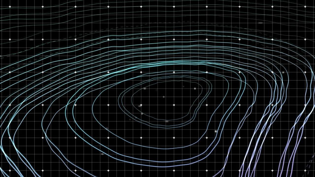 파란색 배경의 지형에 맞춰 그리드 선 위로 움직이는  ⁇ 색 입자