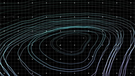 partículas blancas que se mueven sobre líneas de cuadrícula contra la topografía sobre fondo azul