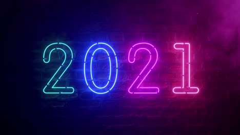 concepto de año nuevo. feliz año nuevo. fondo de ladrillo. luz de neón ultravioleta azul púrpura moderna. luz parpadeante
