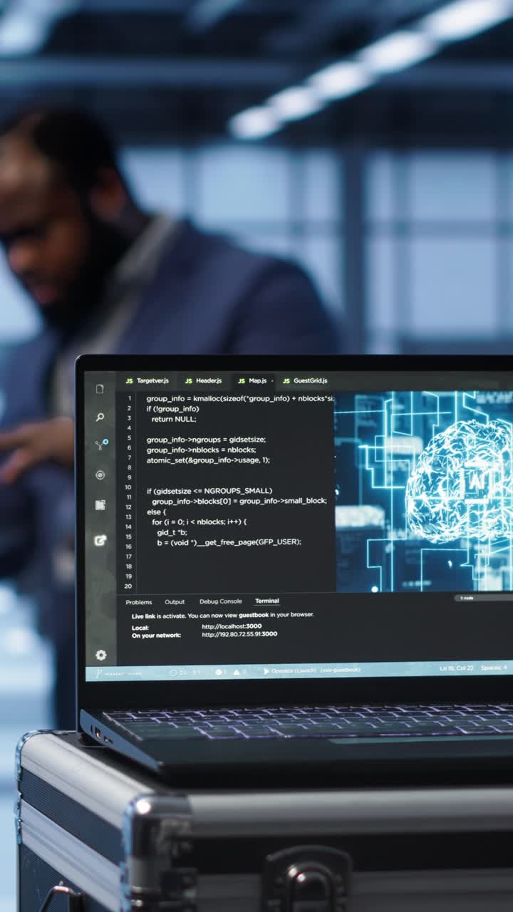 Laptop Screen Showing Code and AI Brain with Man in Background