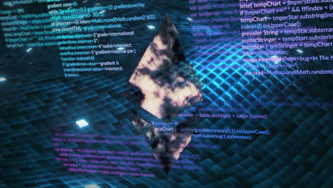 animación del signo de criptomoneda y procesamiento de datos sobre un fondo oscuro