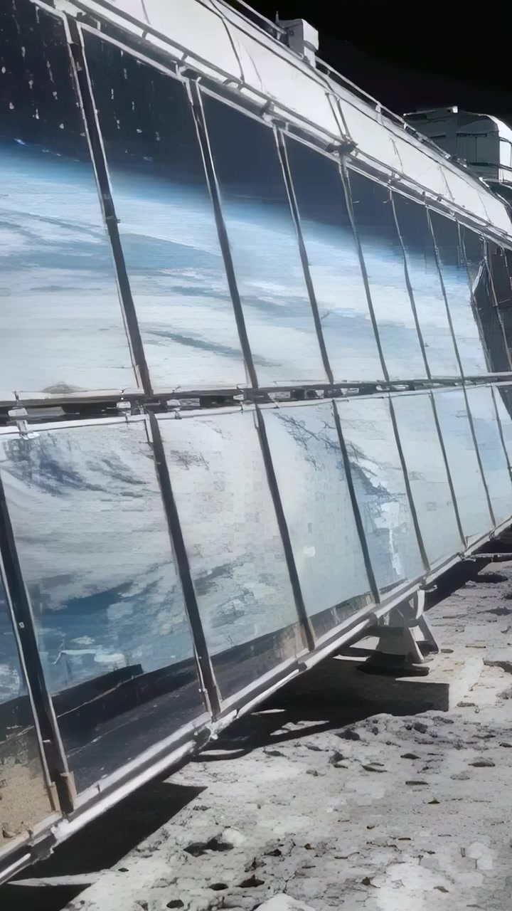 Video verticale: Telecamera in movimento che scansiona una serie di pannelli riflettenti sul suolo lunare, rivelando un modulo.