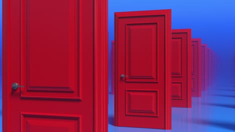 rows of red wooden closed doors. fog. moving through a doors hall corridor. 3d animation loop, 4k