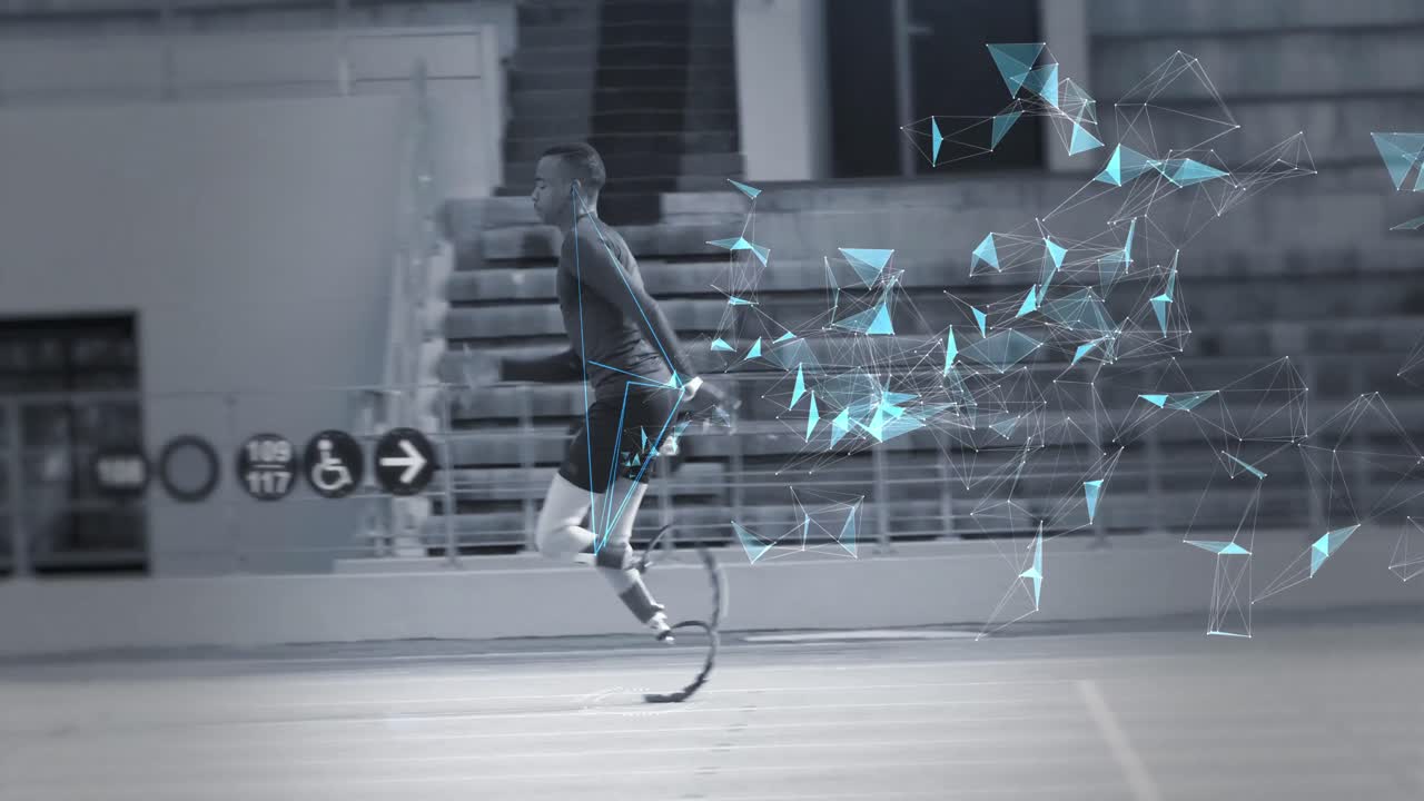 animación de un atleta discapacitado de raza mixta con piernas protésicas haciendo ejercicio en un estadio deportivo