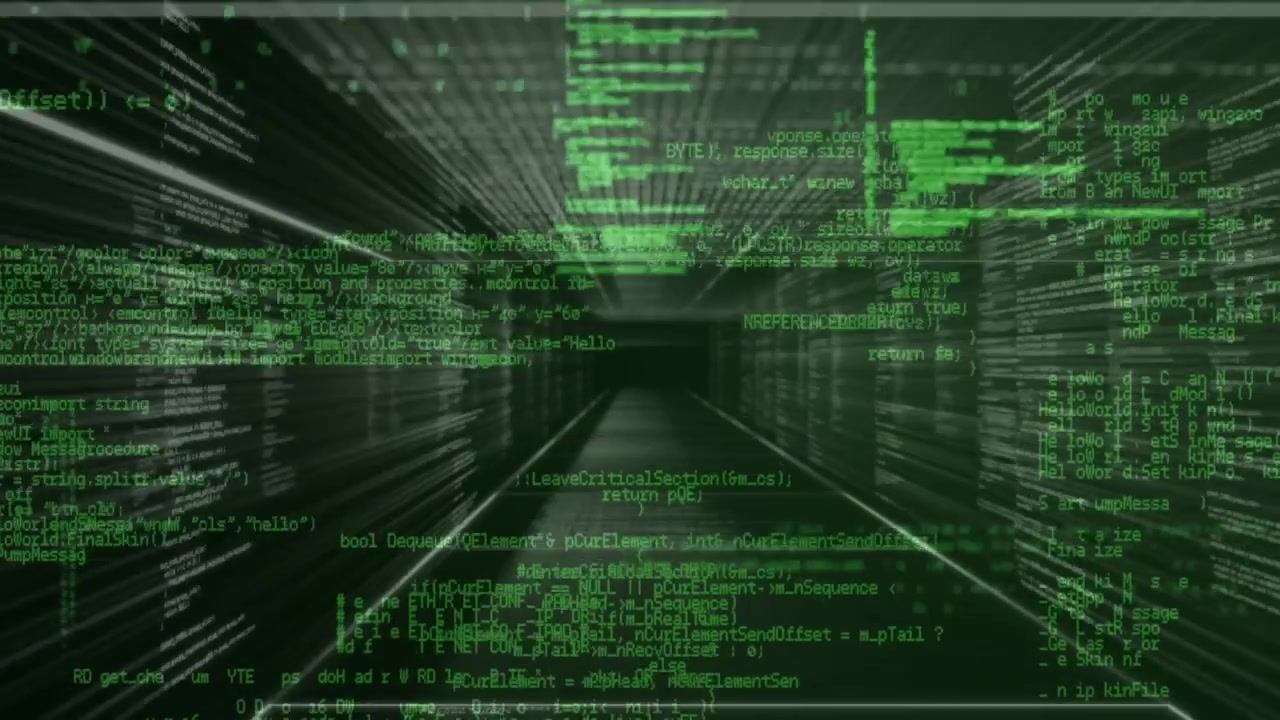 Camera moving forward through 3D corridor stretching green code streams showing data tunnel travel