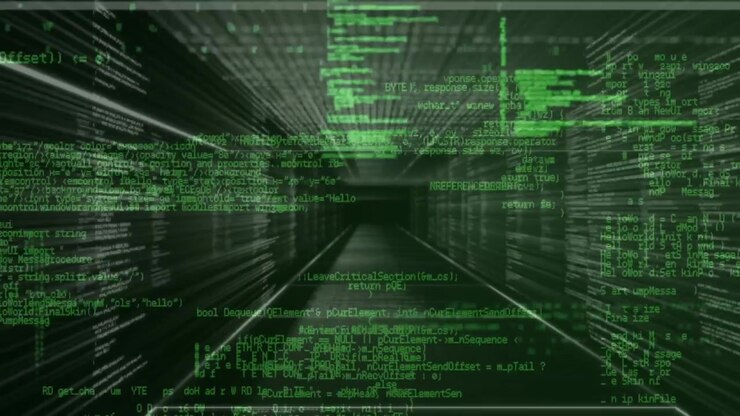 Camera moving forward through 3D corridor stretching green code streams showing data tunnel travel