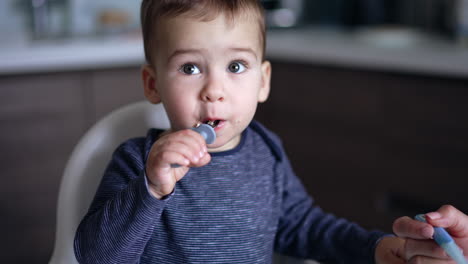 small caucasian kid eats himself from a fork. lovely baby eating slowly looking up. blurred backdrop.