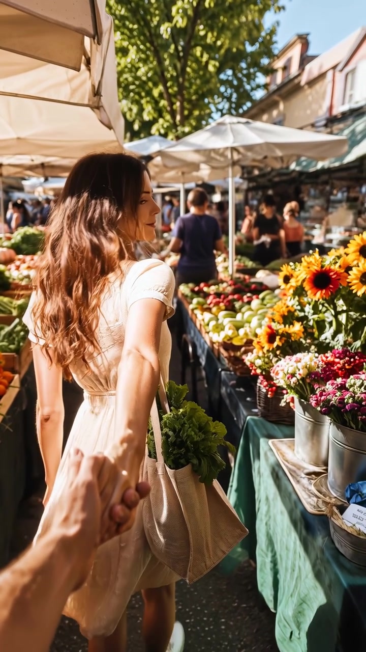 Vista traseira mostra uma mão gentil guiando uma mulher em vestido creme claro enquanto ela se vira pelos corredores movimentados de uma feira de agricultores com produtos, flores, cestas, toldos, luz solar e multidão