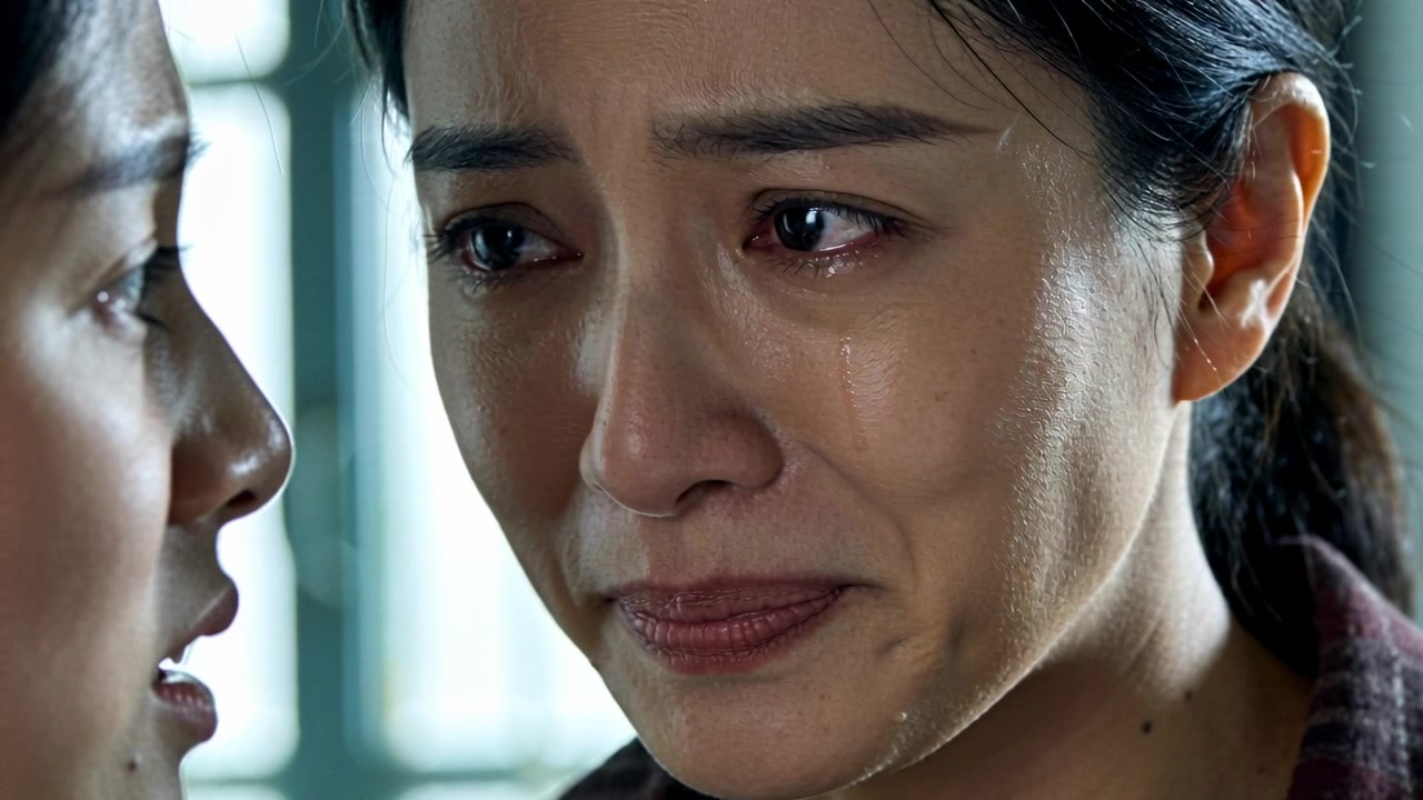 Reacting to teen, mother in dark plaid jacket crying and consoling teen at home, multi-pane window
