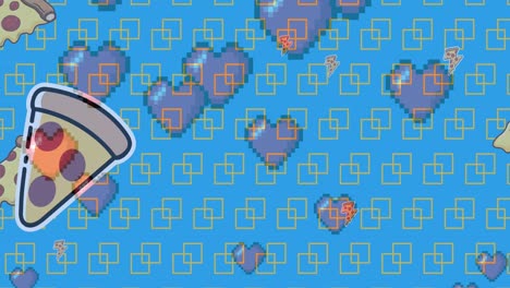 múltiples iconos de corazón rojo y rebanada de pizza contra un fondo azul