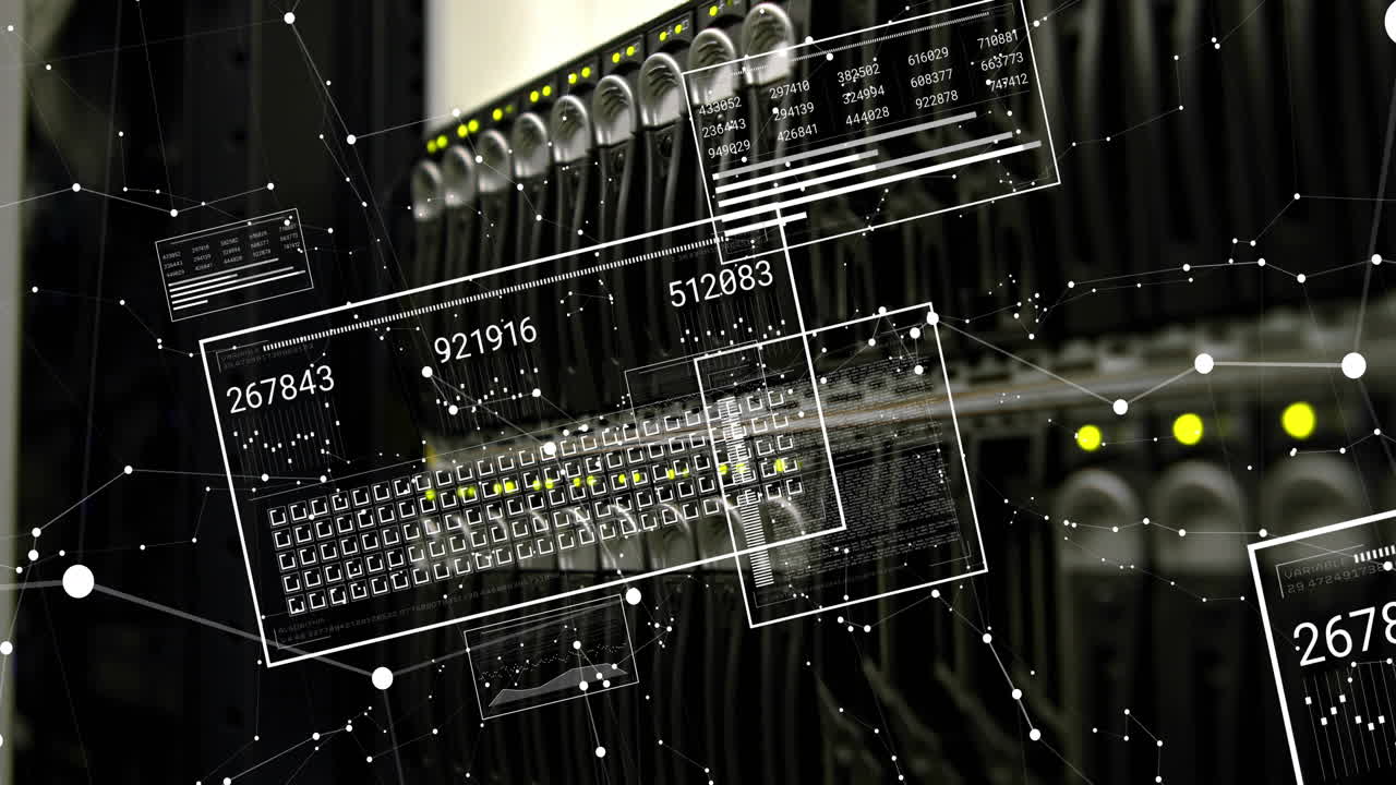 Animation of white spots and data processing over server room