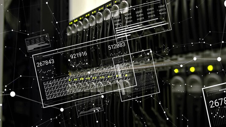 Animazione di punti bianchi ed elaborazione dati su sala server.