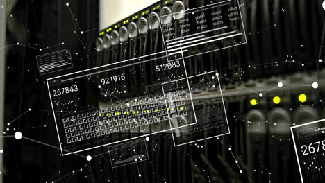 animación de puntos blancos y procesamiento de datos en la sala del servidor.