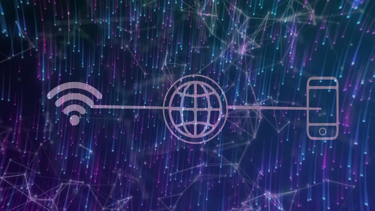 Loop starting, WiFi-globe-phone linking while nebula streaks and dots moving, showing network