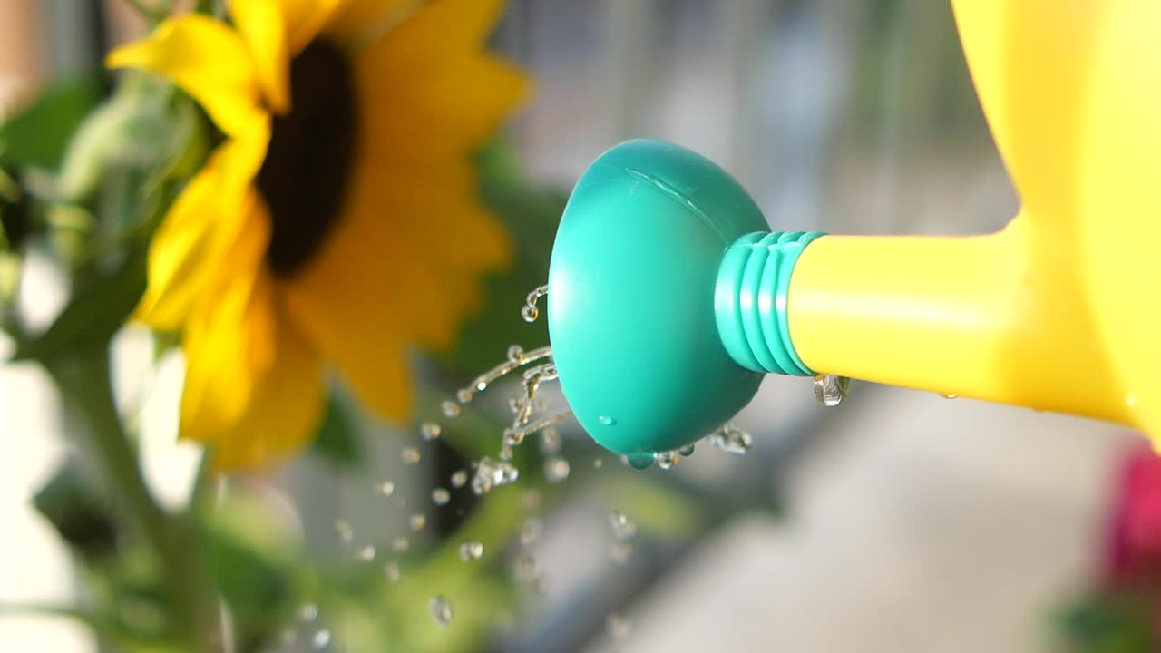 Watering a sunflower with a yellow watering can