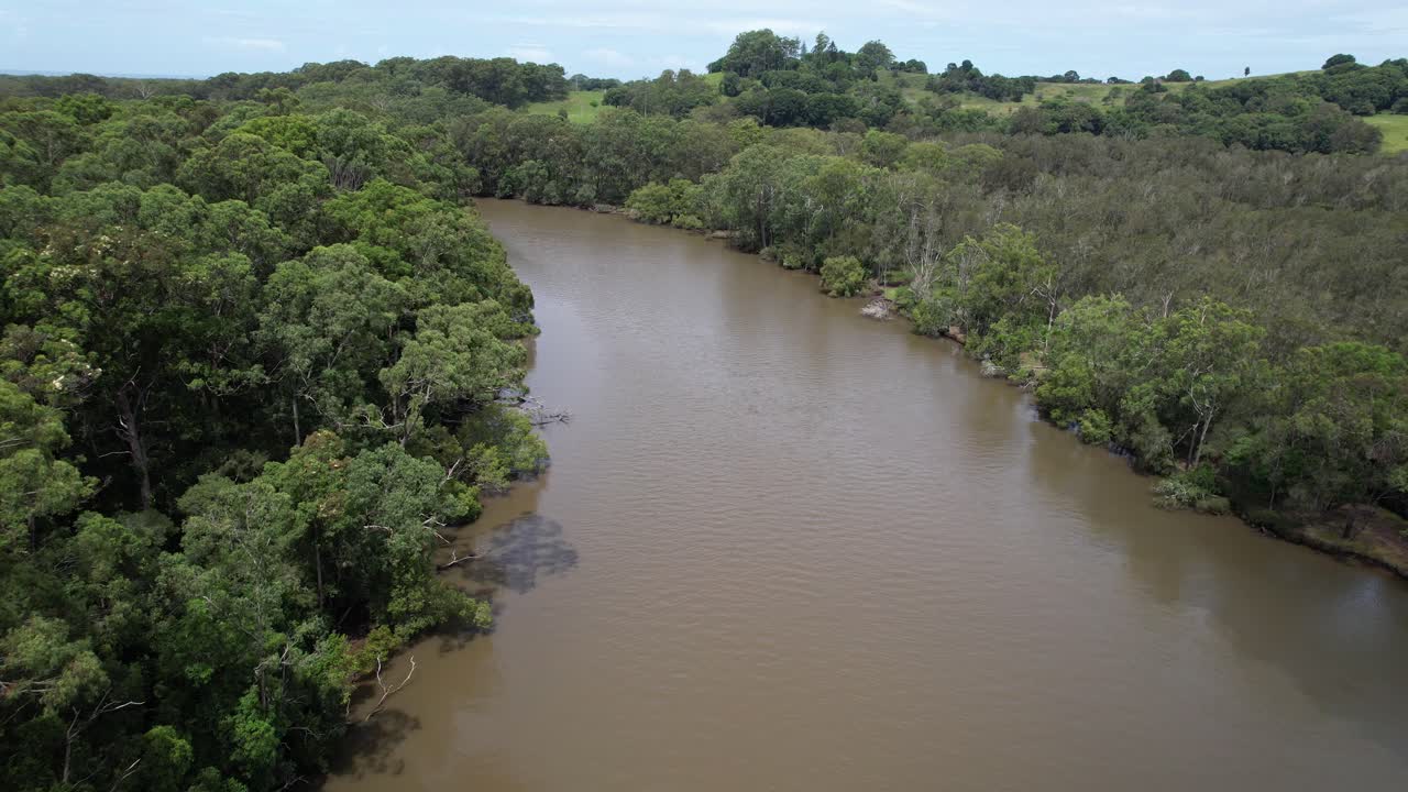 Brunswick River In New South Wales, Australia Flowing Through Lush Green Forest On Sunny Day. drone shot