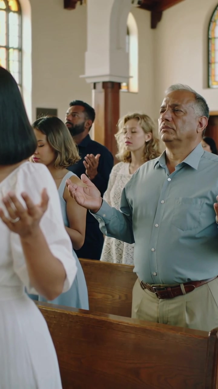 Vertical video: Panning camera revealing senior man in light blue shirt praying with group in pews