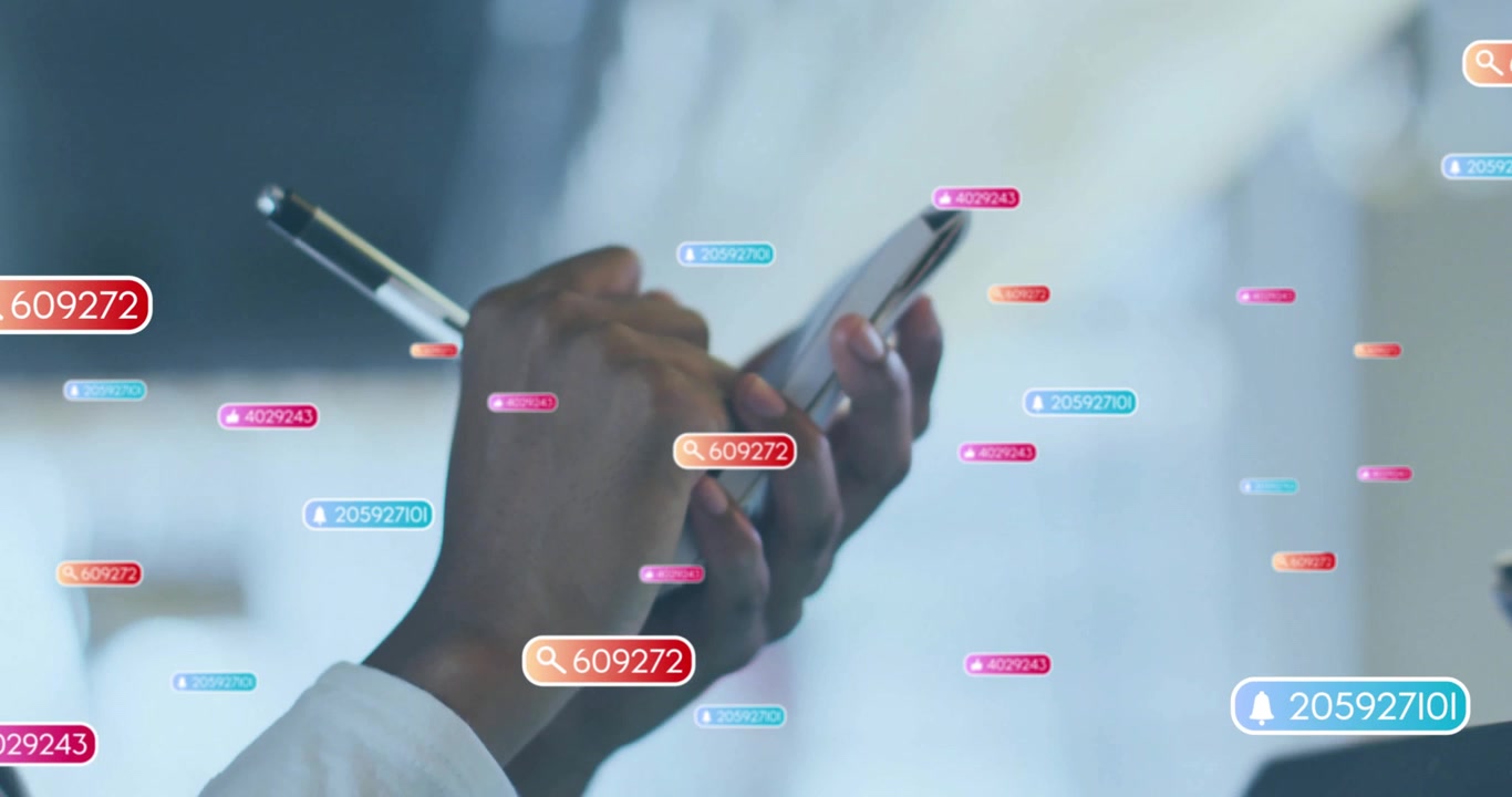Woman's hands tapping smartphone with stylus at shop counter, monitoring sales via numeric badges